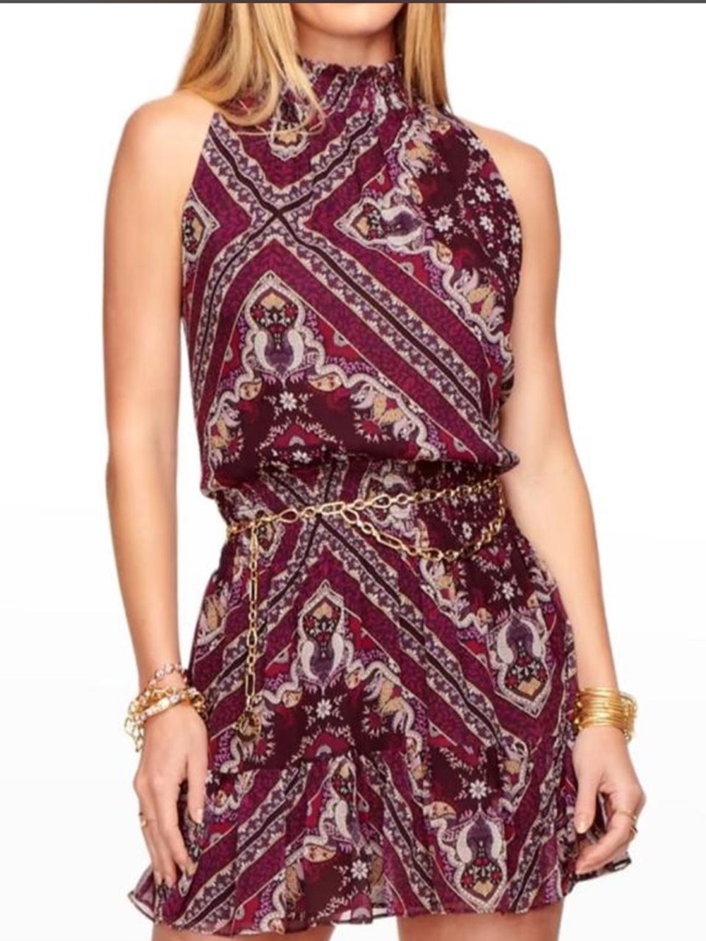 Ramy Brook Burgundy Paisley Halter Mini Dress Small Boho Romantic Ruffle